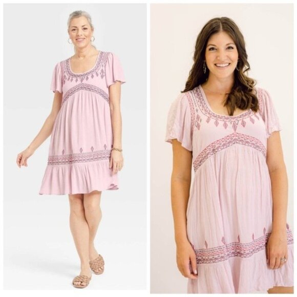 Knox Rose - Women's Short Sleeve Embroidered Dress - Pink - Medium - Picture 1 of 10